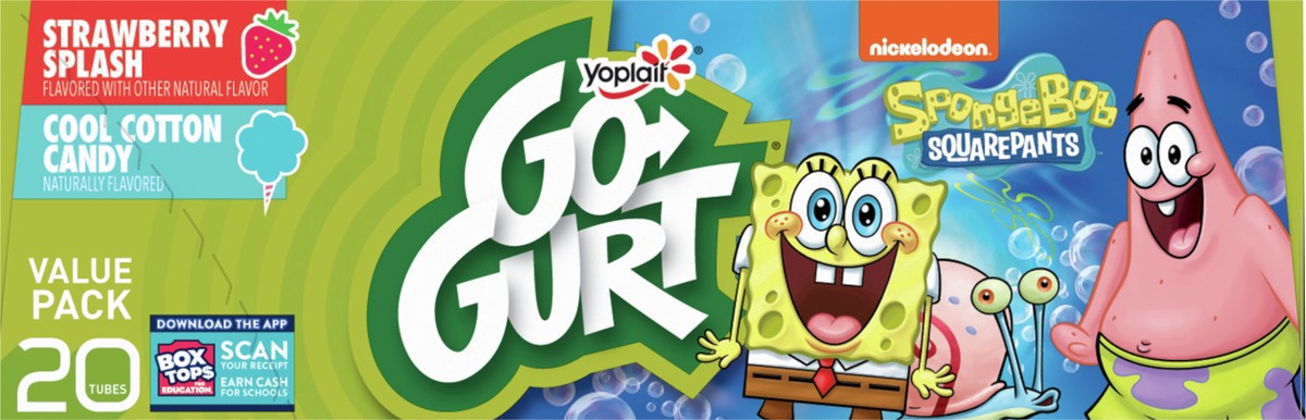 slide 5 of 9, Go-GURT SpongeBob SquarePants Strawberry Splash and Cool Cotton Candy Kids Fat Free Yogurt Variety Pack, Gluten Free, 2 oz Yogurt Tubes (20 Ct), 20 ct