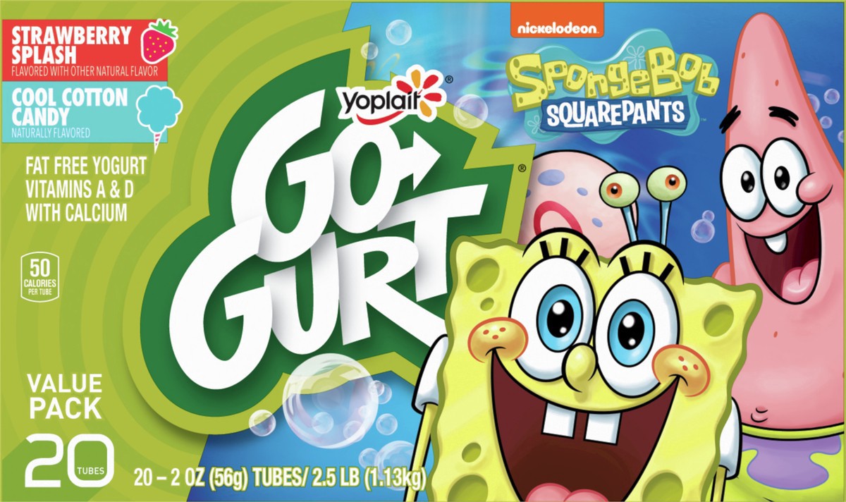 slide 2 of 9, Go-GURT SpongeBob SquarePants Strawberry Splash and Cool Cotton Candy Kids Fat Free Yogurt Variety Pack, Gluten Free, 2 oz Yogurt Tubes (20 Ct), 20 ct