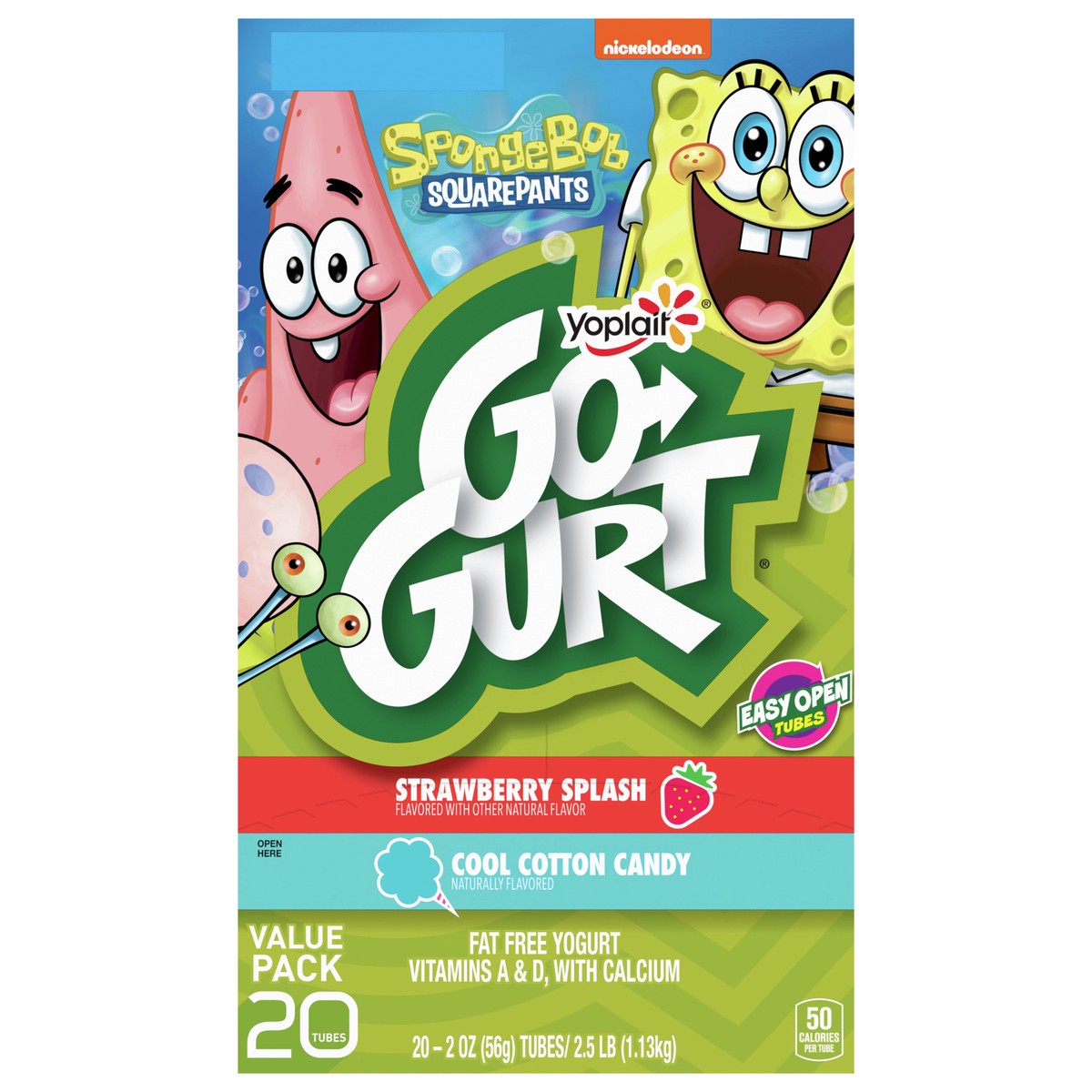 slide 1 of 9, Go-GURT SpongeBob SquarePants Strawberry Splash and Cool Cotton Candy Kids Fat Free Yogurt Variety Pack, Gluten Free, 2 oz Yogurt Tubes (20 Ct), 20 ct