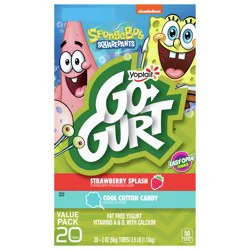 Go-GURT SpongeBob SquarePants Strawberry Splash and Cool Cotton Candy Kids Fat Free Yogurt Variety Pack, Gluten Free, 2 oz Yogurt Tubes (20 Ct)