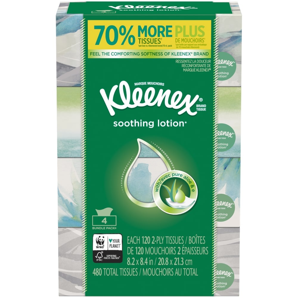 slide 1 of 3, Kleenex Tissues Lotion Aloe & E White 2-Ply Bundle Packs, 4 ct