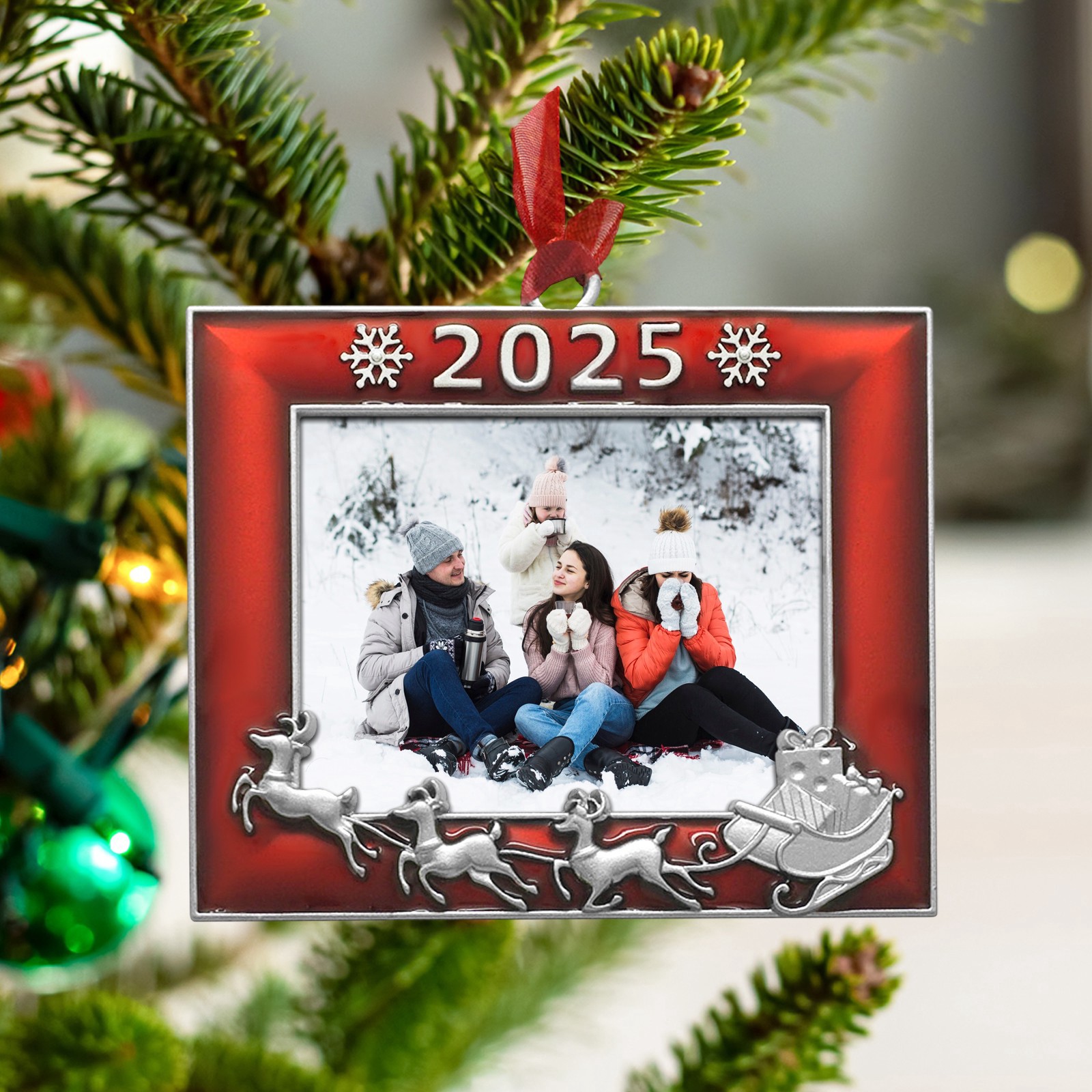 slide 3 of 3, 2" X 2.5" Red & Silver Reindeer & Sleigh Metal Ornament Frame By Studio Decor, 2 in x 2.5 in