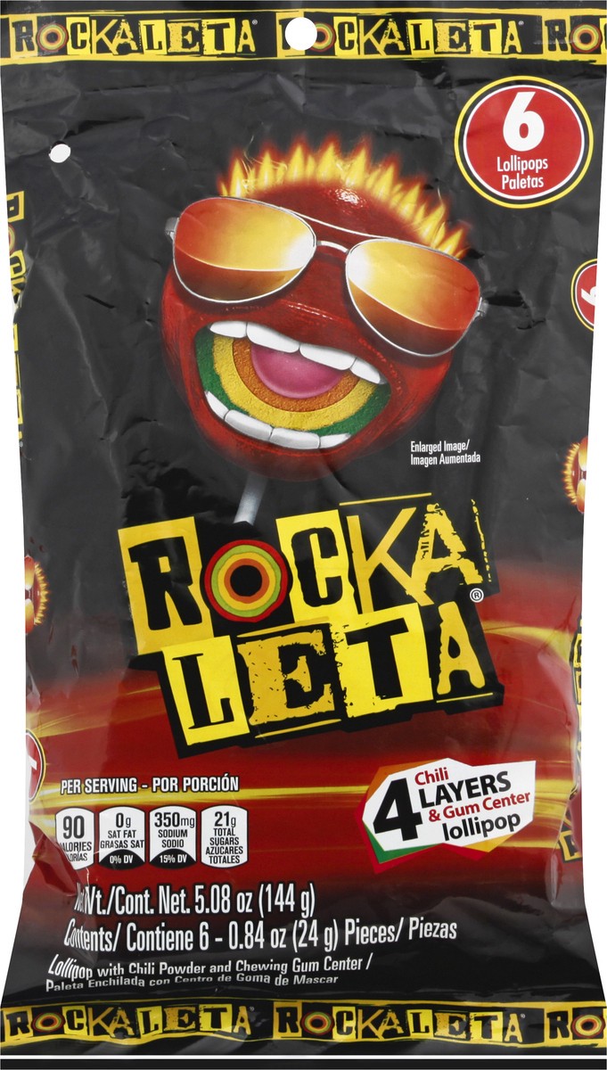 slide 1 of 13, Rocka Leta 4 Layers Chili & Gum Center Lollipop 6 ea, 5.5 oz