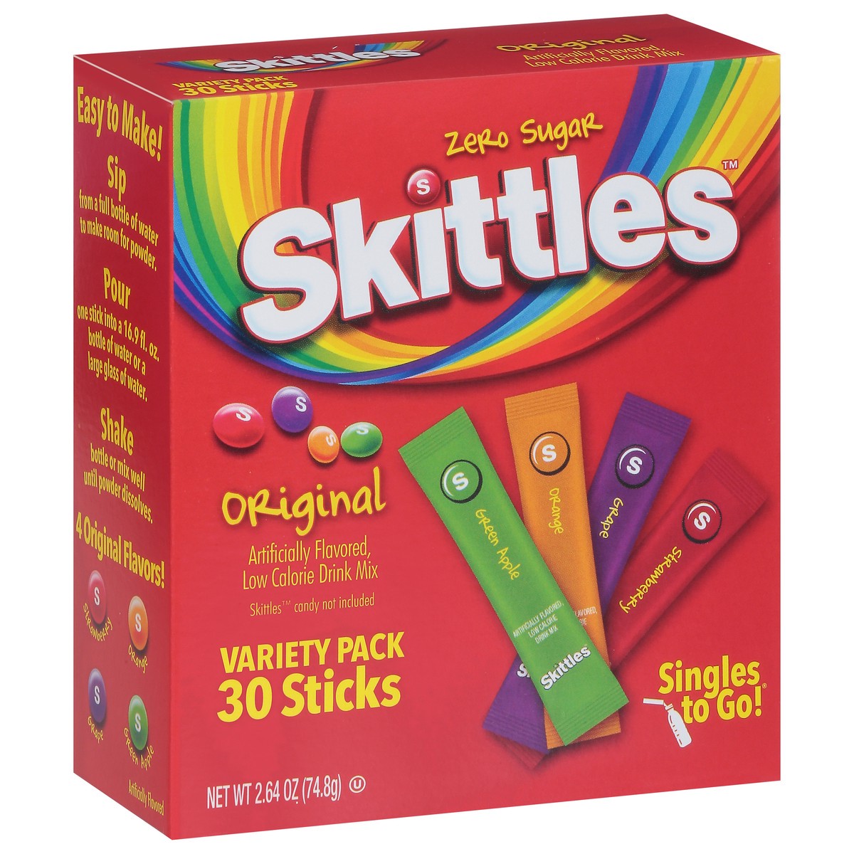 slide 5 of 9, Skittles Zero Sugar Singles To Go Original Drink Mix Variety Pack 30 ea, 30 ct