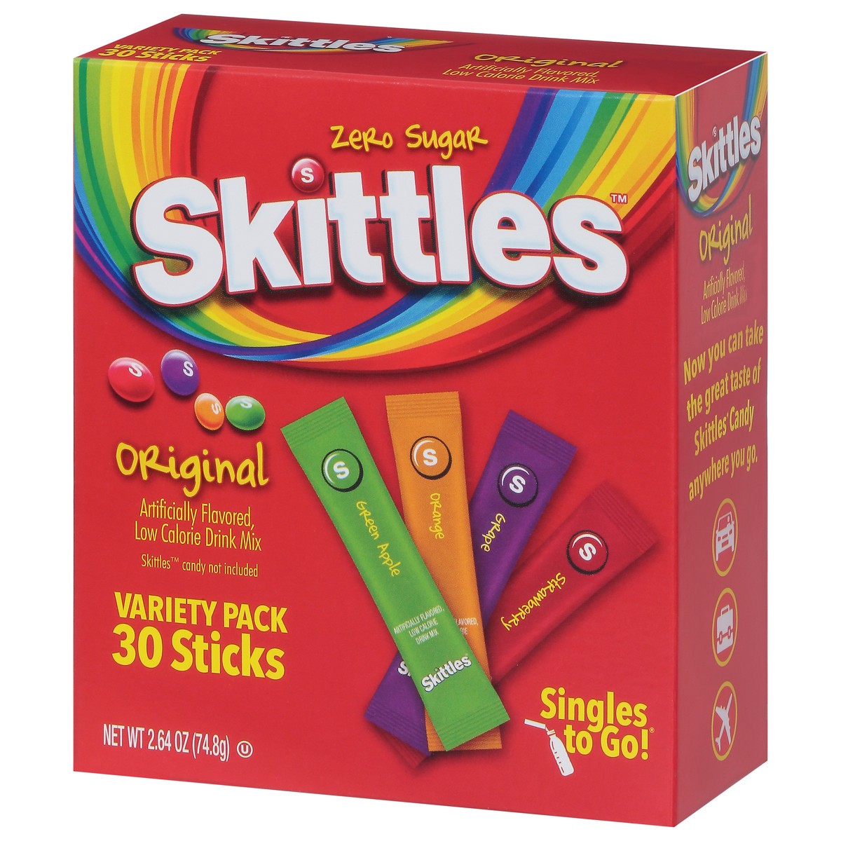 slide 2 of 9, Skittles Zero Sugar Singles To Go Original Drink Mix Variety Pack 30 ea, 30 ct