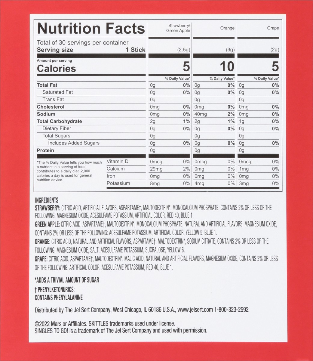 slide 8 of 9, Skittles Zero Sugar Singles To Go Original Drink Mix Variety Pack 30 ea, 30 ct