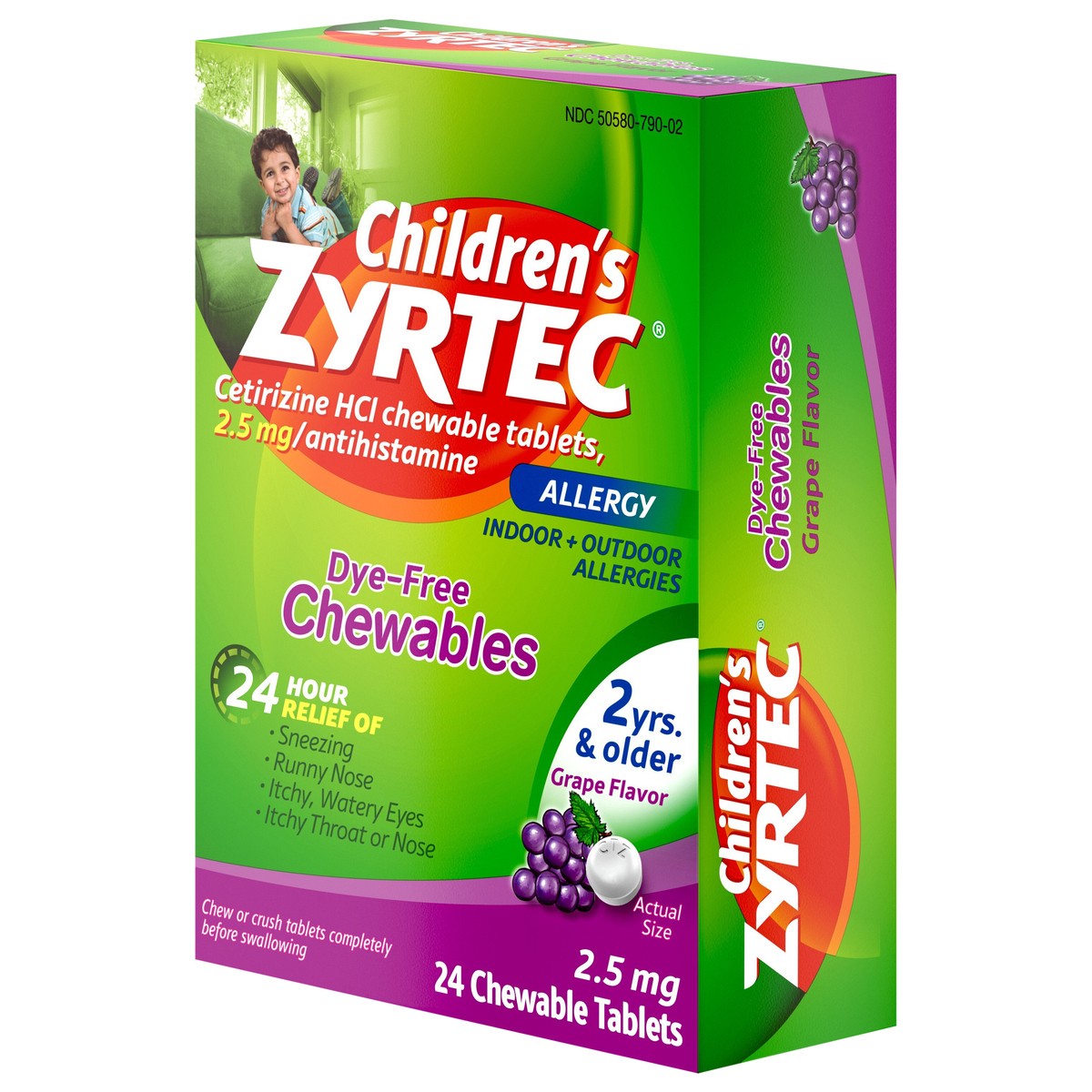 slide 3 of 7, Zyrtec Children's Zyrtec Allergy Dye-Free Grape Flavor Chewables, 24 ct, 24 ct