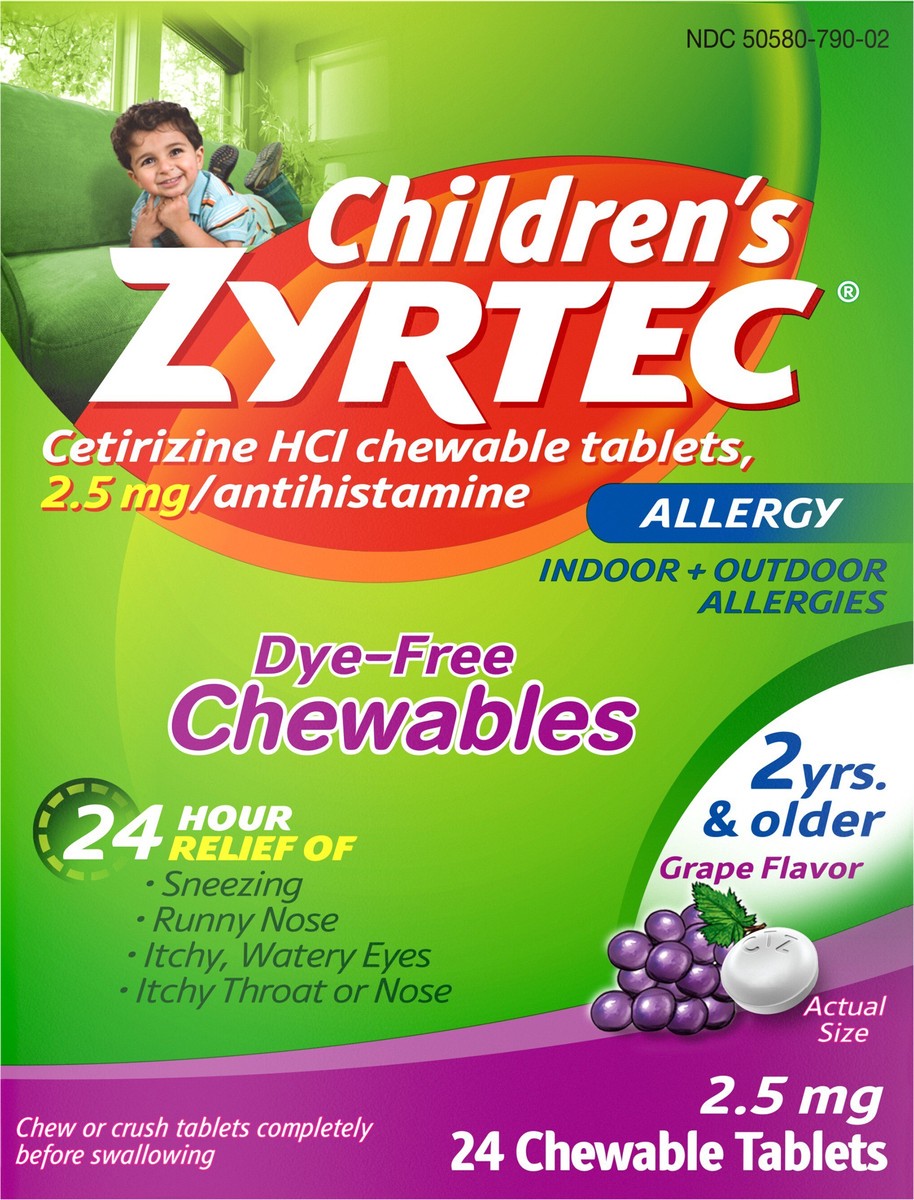 slide 7 of 7, Zyrtec Children's Zyrtec Allergy Dye-Free Grape Flavor Chewables, 24 ct, 24 ct