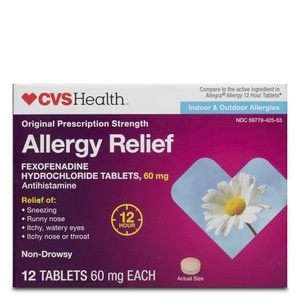 slide 1 of 1, CVS Health Indoor & Outdoor Non-Drowsy Allergy Relief Fexofenadine Hydrochloride Tablets 12 Ct, 12 ct; 60 mg