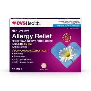 slide 1 of 1, CVS Health Indoor & Outdoor Non-Drowsy Allergy Relief Fexofenadine Hydrochloride Tablets 12 Ct, 12 ct; 60 mg