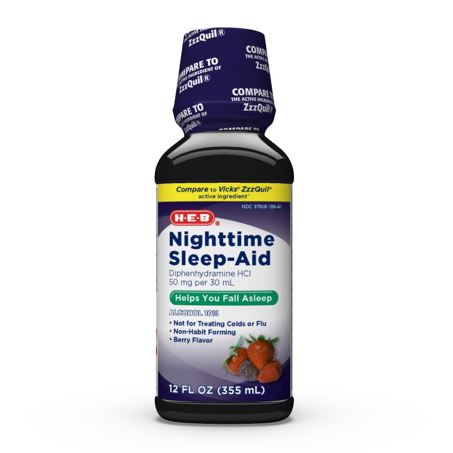 slide 1 of 1, H-E-B Nighttime Sleep-Aid Diphenhydramine HCl 50 mg per 30 ml Berry Liquid, 12 oz