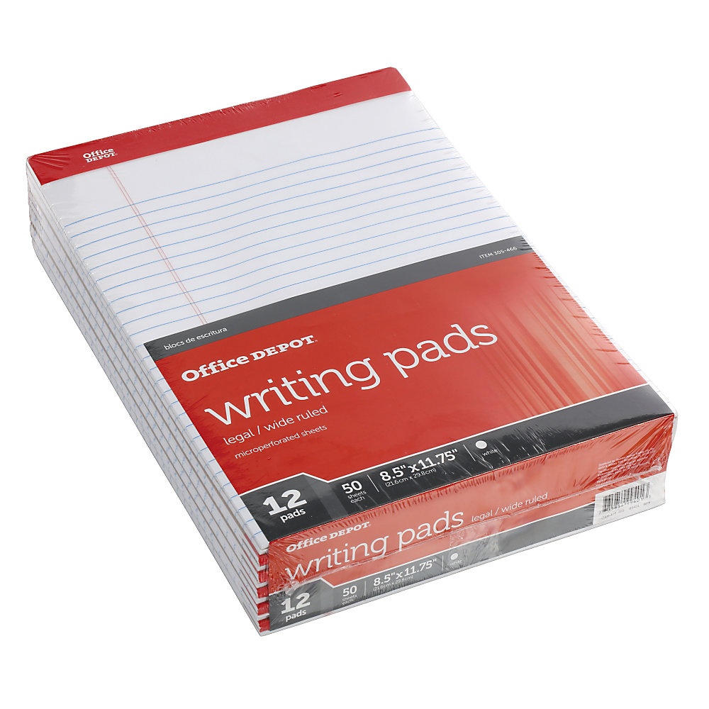 slide 1 of 1, Office Depot Perforated Writing Pads, 8-1/2'' X 11-3/4'', Legal Ruled, 50 Sheets, White, Pack Of 12 Pads, 12 ct