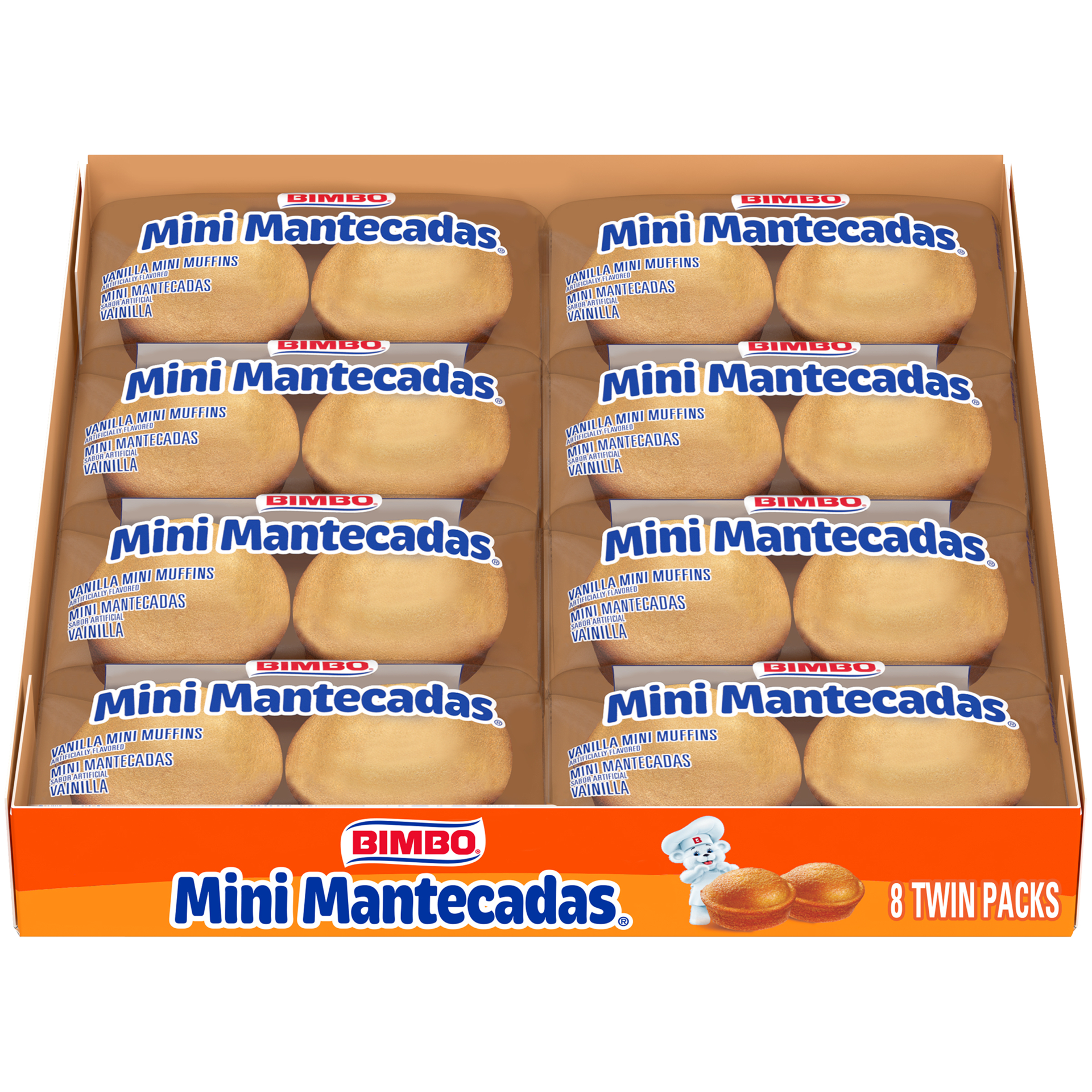 slide 1 of 7, Bimbo Mini Mantecadas Vanilla Muffins, 8 twin packs, Soft Mini Muffins, 17.76 oz Tray, 8 ct; 16.96 oz