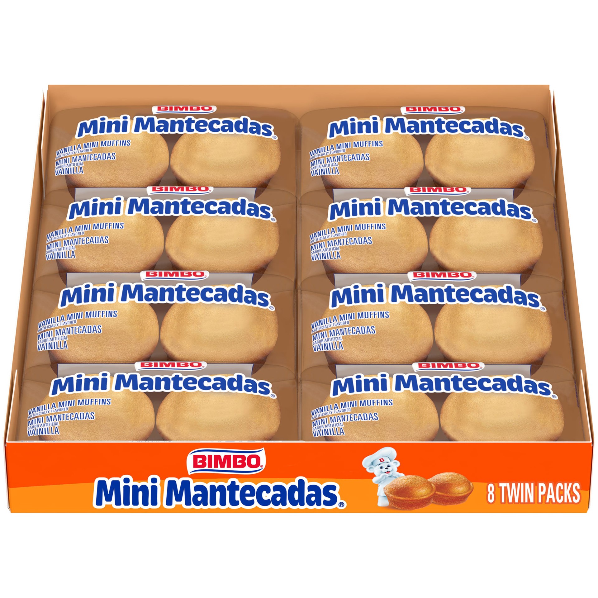 slide 1 of 7, Bimbo Mini Mantecadas Vanilla Muffins, 8 twin packs, Mini Muffins, 17.64 oz Tray, 8 ct; 16.96 oz