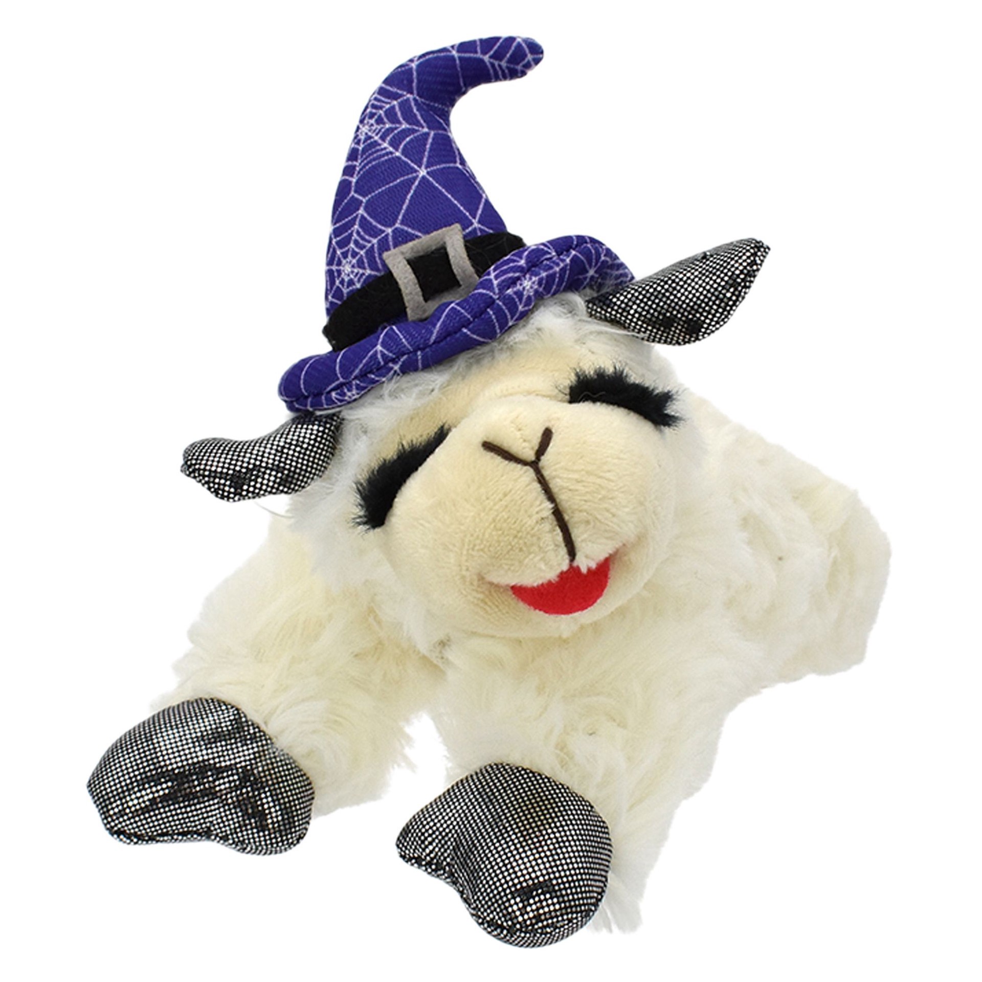 slide 1 of 1, Multipet® Halloween Lamb Chop With A Spider Web Witch Hat And Shiny Black Paws And Ears 6", 1 ct