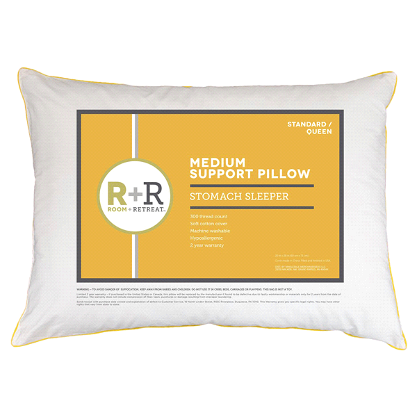 slide 1 of 3, Room + Retreat Medium Support Stomach Sleeper Pillow, King, King Size