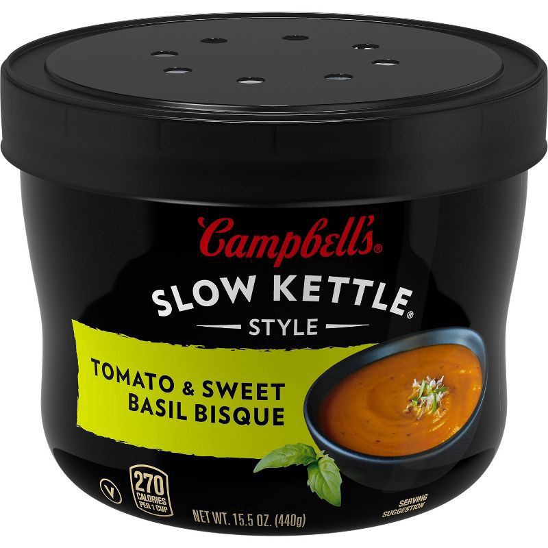 slide 1 of 88, Campbell's Slow Kettle Style Tomato & Sweet Basil Bisque, 15.5 oz Microwavable Bowl, 15.5 oz