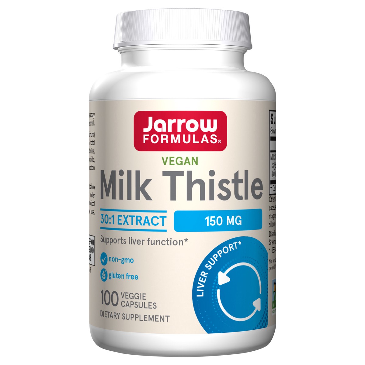 slide 1 of 1, Jarrow Formulas Milk Thistle 150 mg With 30:1 Standardized Silymarin Extract, Dietary Supplement for Liver Function Support, 100 Veggie Capsules, 33-100 Day Supply, 100 ct