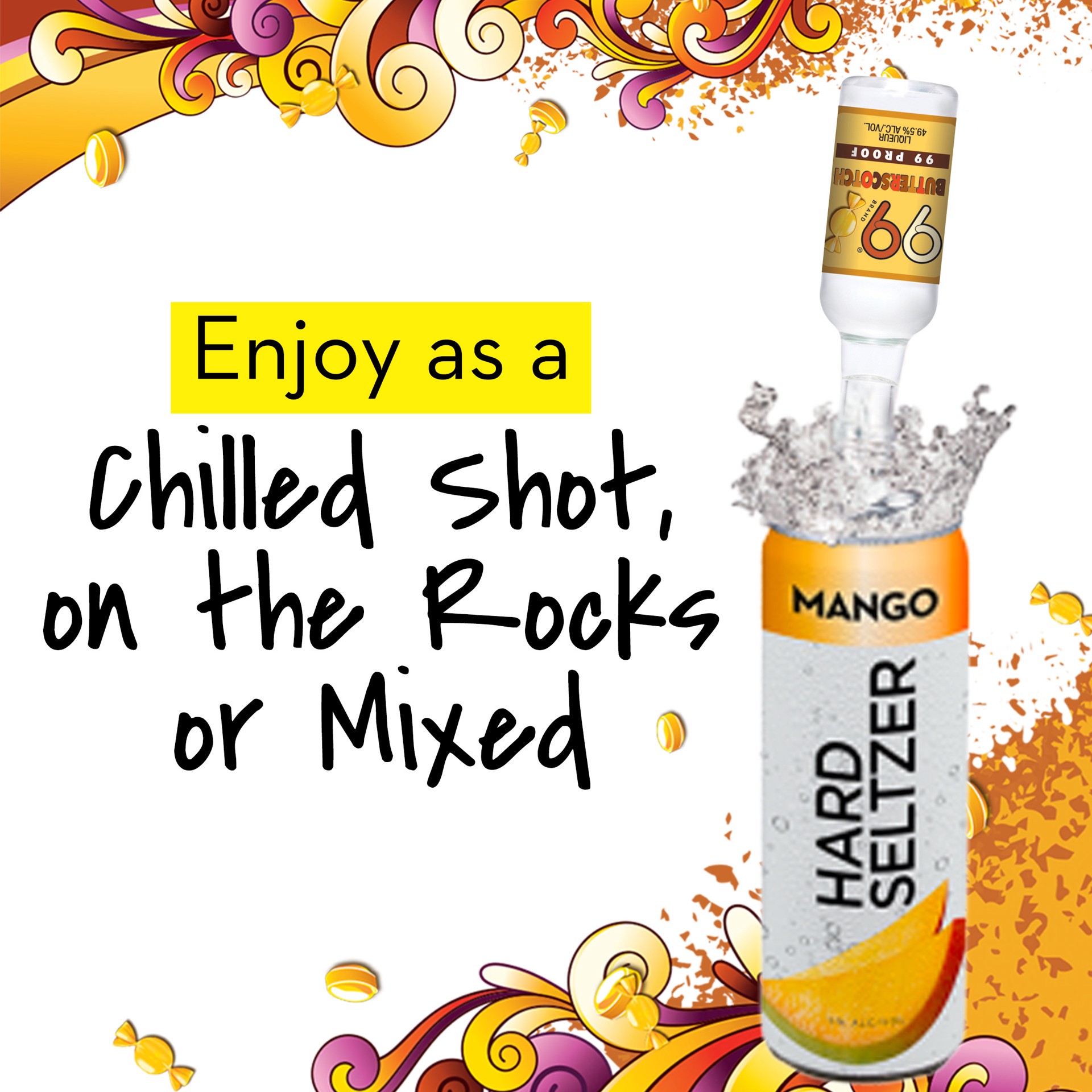 slide 3 of 5, 99 Brand Butterscotch Liqueur, 50 mL Bottle, 99 Proof, 50 ml