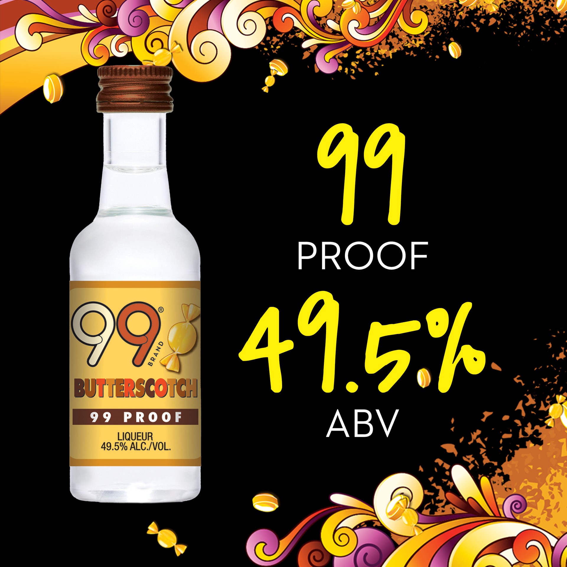 slide 5 of 5, 99 Brand Butterscotch Liqueur, 50 mL Bottle, 99 Proof, 50 ml