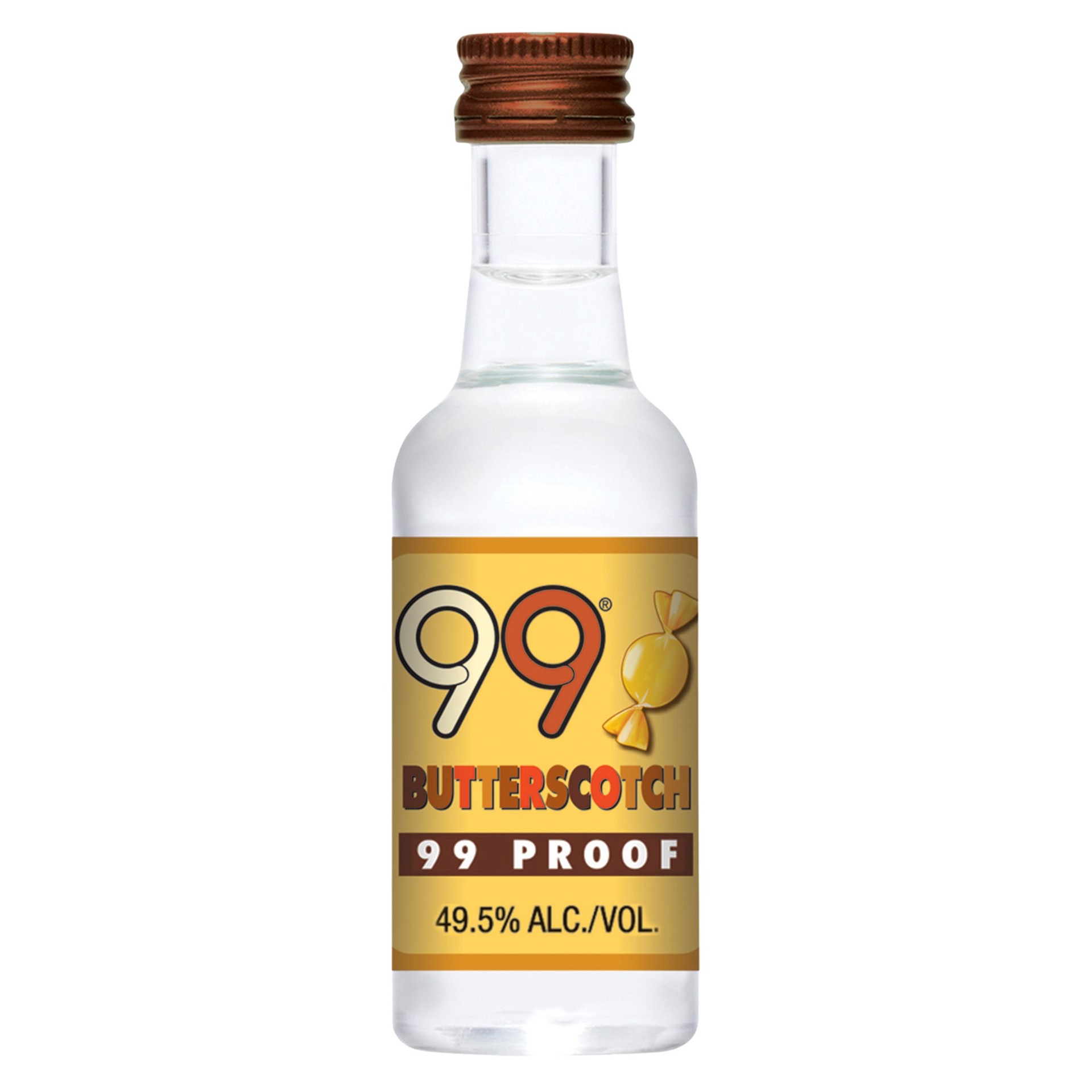 slide 1 of 5, 99 Brand Butterscotch Liqueur, 50 mL Bottle, 99 Proof, 50 ml