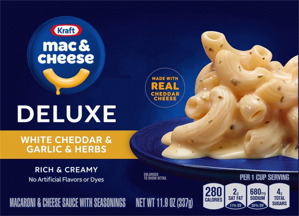 slide 4 of 9, Kraft Deluxe White Cheddar & Garlic & Herbs Mac & Cheese Macaroni and Cheese Dinner, 11.9 oz Box, 11.9 oz