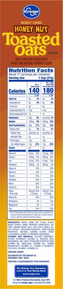 slide 2 of 3, Kroger Honey Nut Toasted Oats Cereal, 21.6 oz