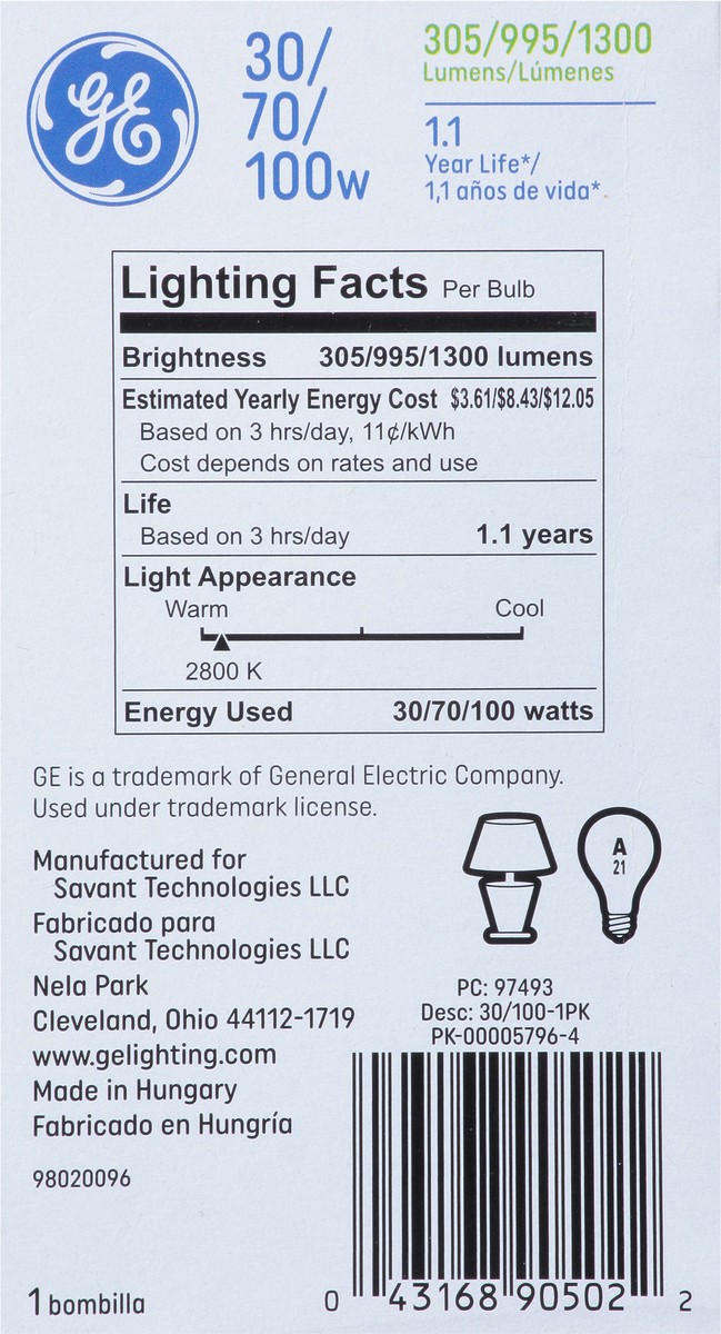 slide 3 of 11, Ge Soft White 3-Way 30/70/100 Watt A21 1Pk, 1 ct