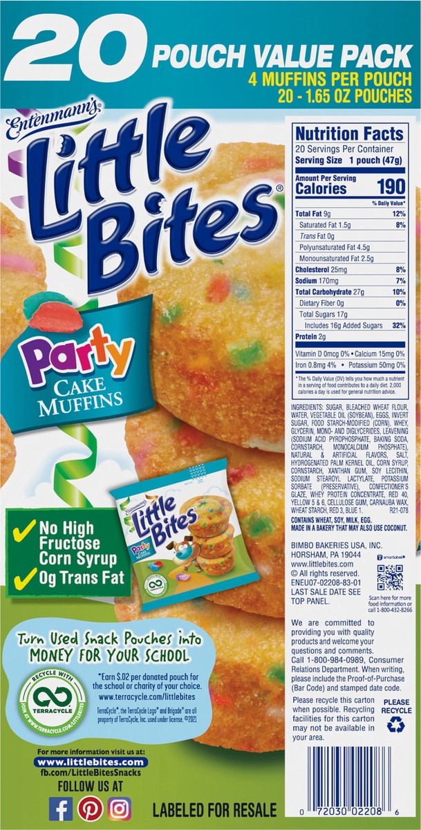 slide 6 of 13, Entenmann's Little Bites Party Cake Mini Muffins, 20 Pouch Value Pack, 33 oz