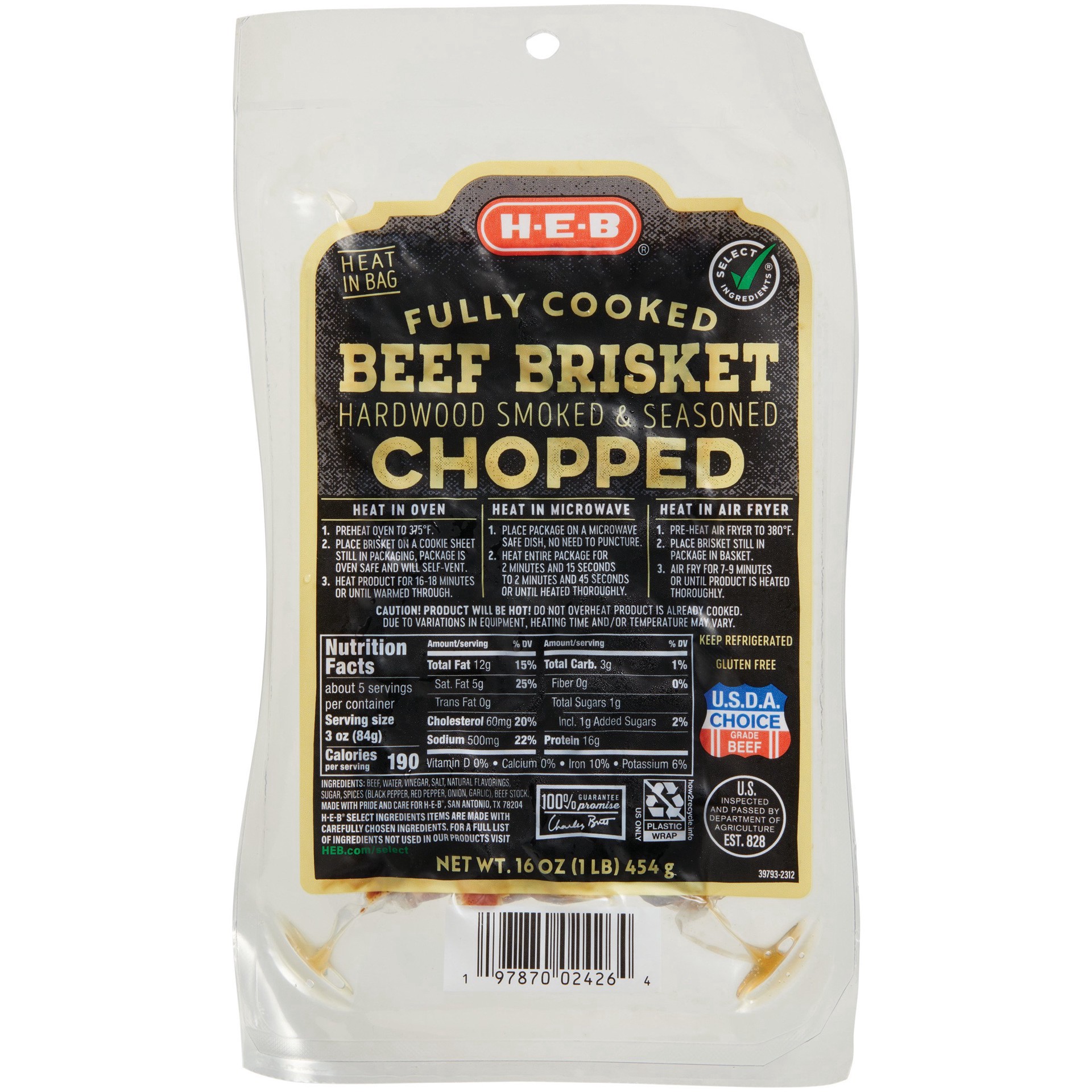 slide 1 of 1, H-E-B Fully Cooked Hardwood Smoked Chopped Beef Brisket, 16 oz