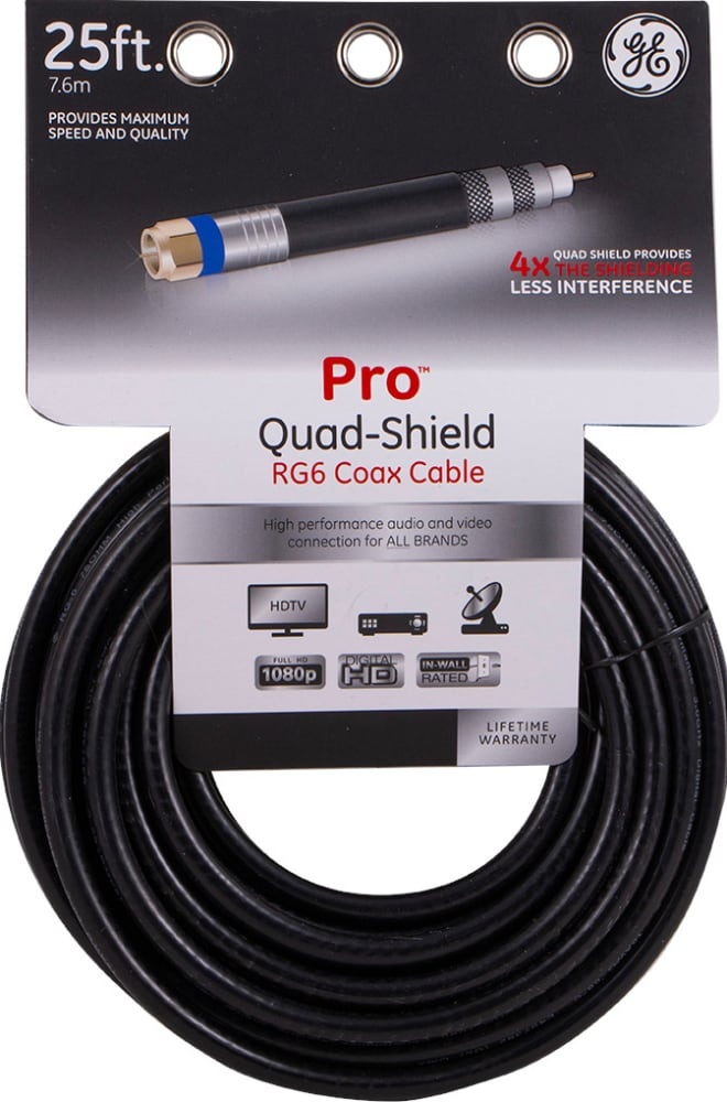 slide 1 of 1, GE Pro Quad-Shield RG6 Coax Cable, 25-Feet, 25 ft