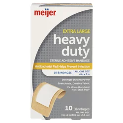 Meijer Extra Large Heavy Duty Sterile Adhesive Bandages, Antibacterial, 4 In X 2 In, 10 Ct
