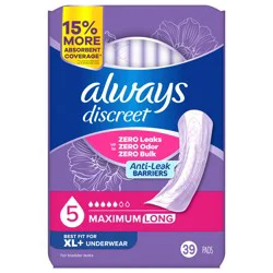 Always Discreet Adult Incontinence Pads for Women, Maximum Absorbency, Long Length, Postpartum Pads, 39 ct