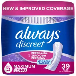 Always Discreet Adult Incontinence Pads for Women, Maximum Absorbency, Long Length, Postpartum Pads, 39 ct
