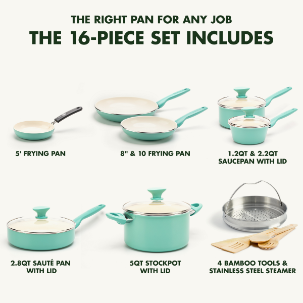 slide 4 of 22, GreenPan Turquoise Rio Collection Healthy Ceramic Nonstick Cookware Set 16 Pieces 1 ea, 1 ct