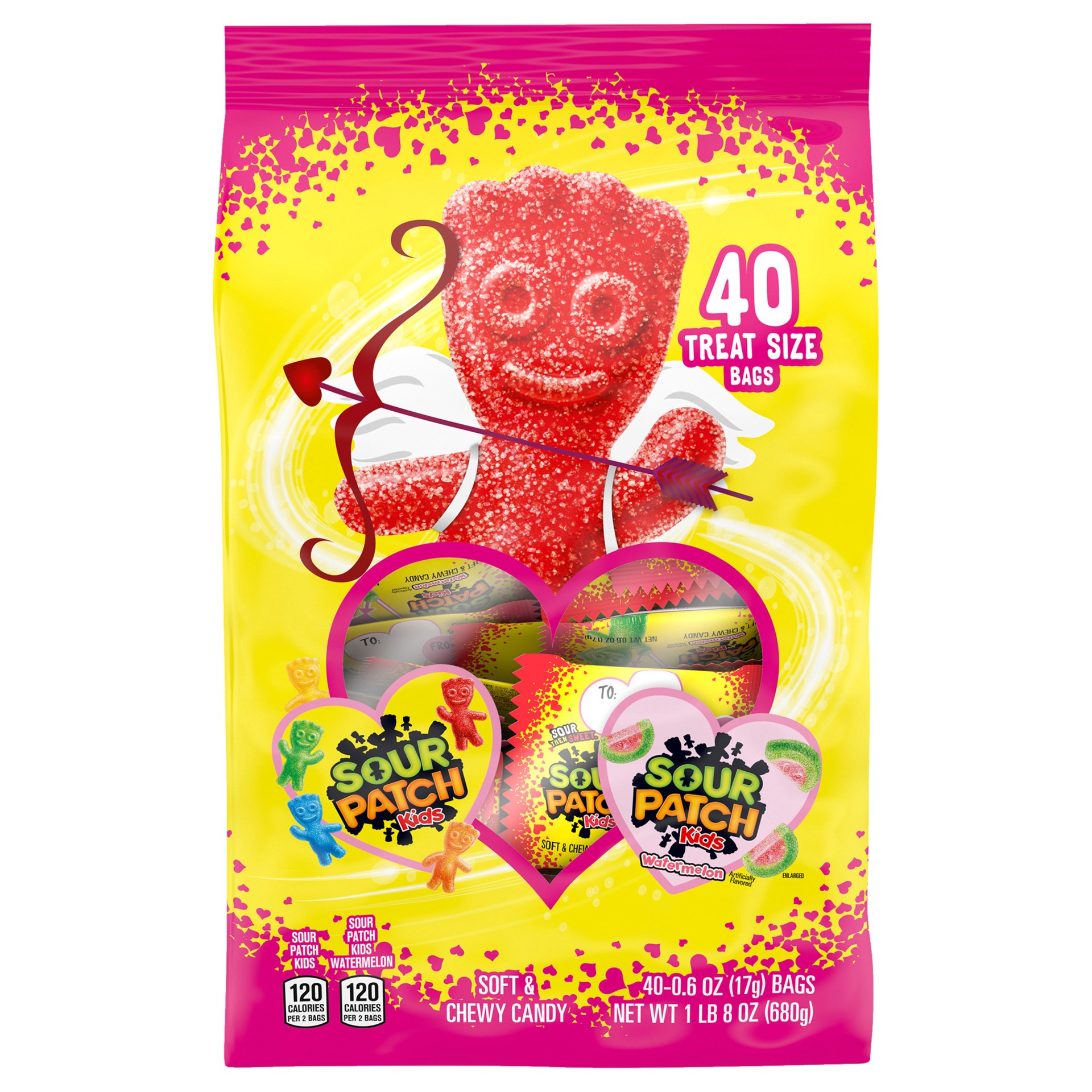 slide 1 of 9, SOUR PATCH KIDS Original & Watermelon Valentine Candy Variety Pack, 40 Snack Packs, 24 oz