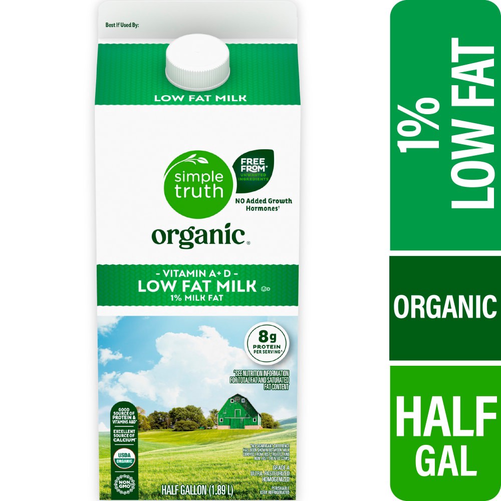 slide 1 of 3, Simple Truth Organic 1% Low Fat Milk, 1/2 gal