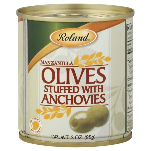 slide 1 of 1, Roland Manzanilla Olives Stuffed with Anchovies, 3 oz