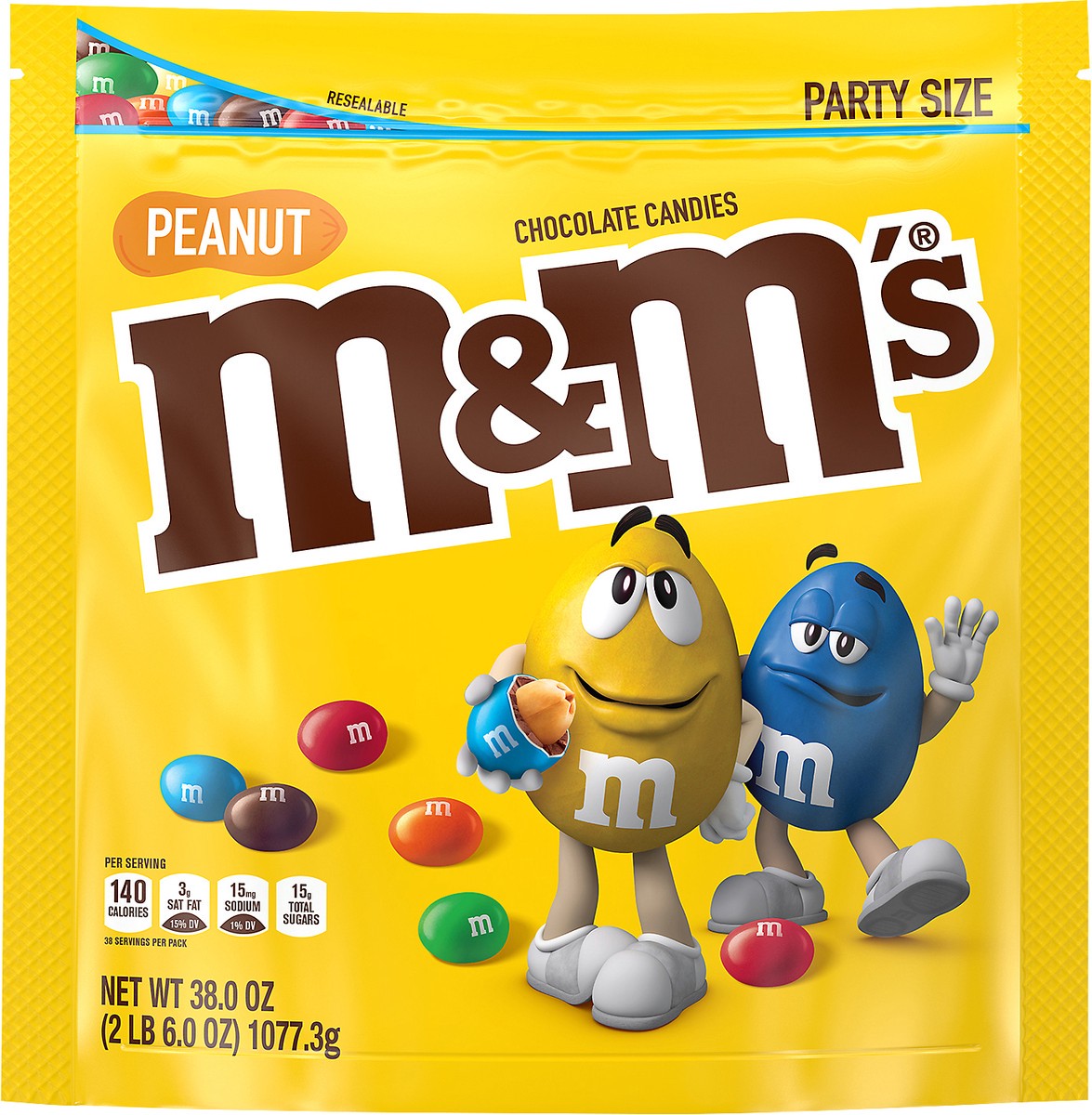 slide 1 of 8, M&M'S Peanut Milk Chocolate Candy, Party Size, 38 oz Bag, 38 oz