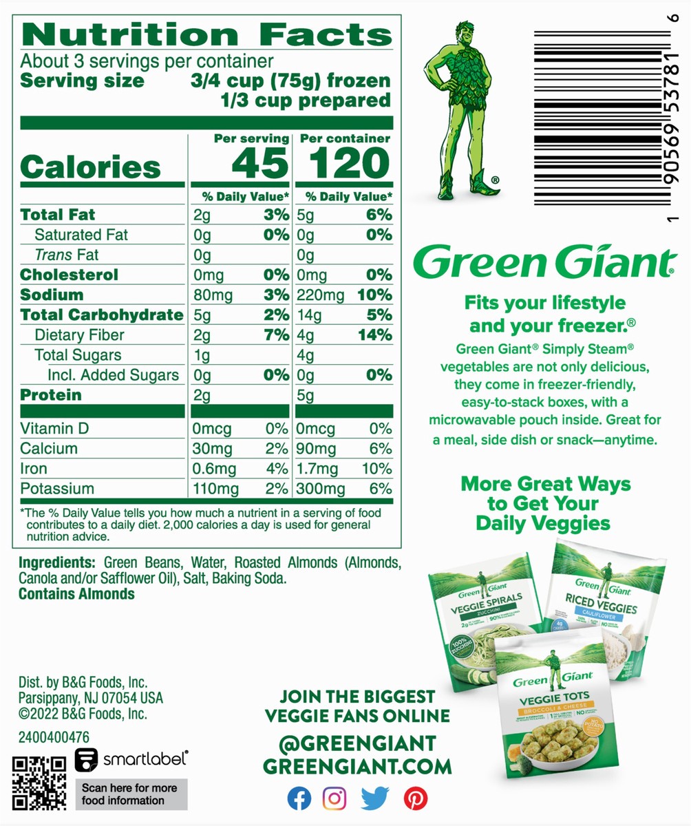 slide 5 of 13, Green Giant Simply Steam Green Beans & Almonds, No Sauce Frozen Vegetables, 7.5 OZ, 7.5 oz