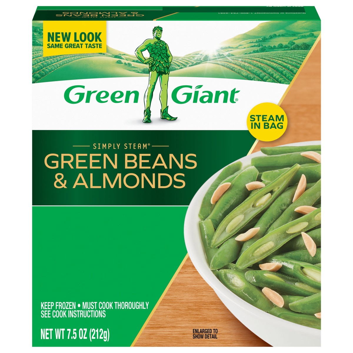 slide 1 of 13, Green Giant Simply Steam Green Beans & Almonds, No Sauce Frozen Vegetables, 7.5 OZ, 7.5 oz
