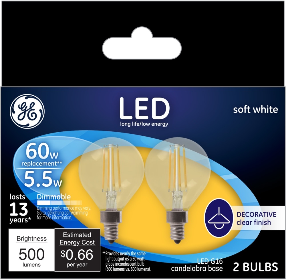 slide 1 of 1, GE LED 6-Watt (60-Watt) G16.5 Clear Globe Bulb, 2 ct