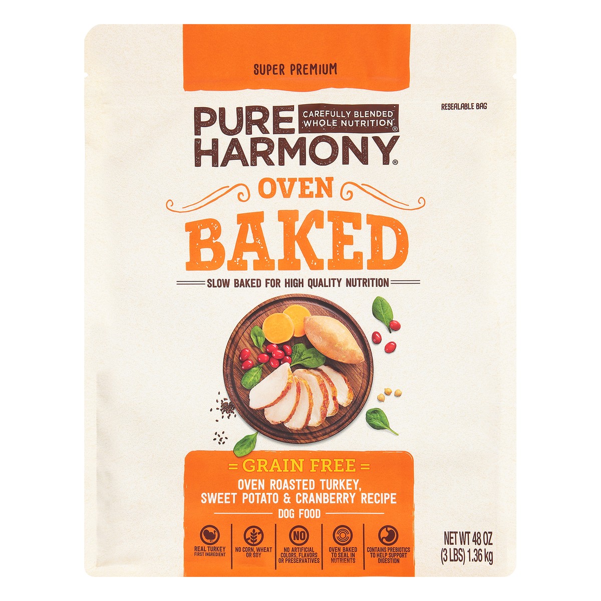 slide 1 of 14, Pure Harmony Oven Baked Super Premium Grain Free Oven Roasted Turkey, Sweet Potato & Cranberry Recipe Dog Food 48 oz, 3 lb