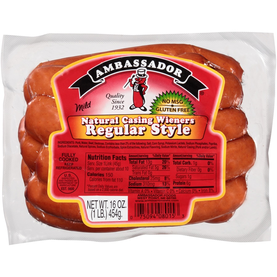 slide 1 of 6, Ambassador Natural Casing Regular Style Mild Weiners, 10 ct; 1.6 oz