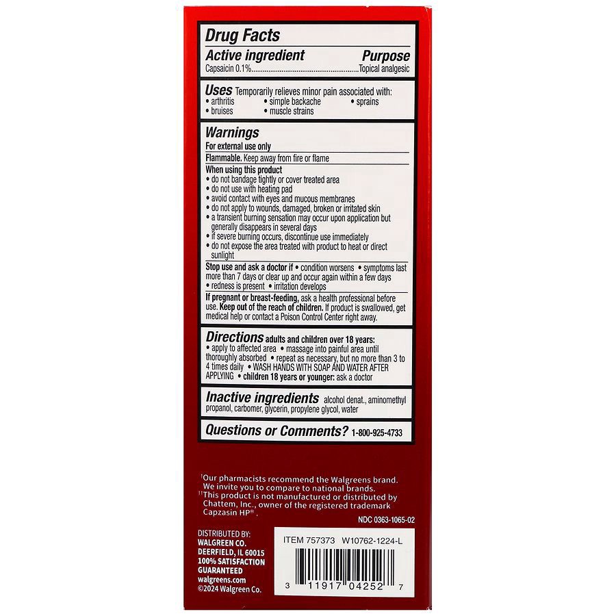 slide 4 of 5, Walgreens Arthritis Pain Relief Capsaicin 0.1% Topical Analgesic Gel, 2.5 oz