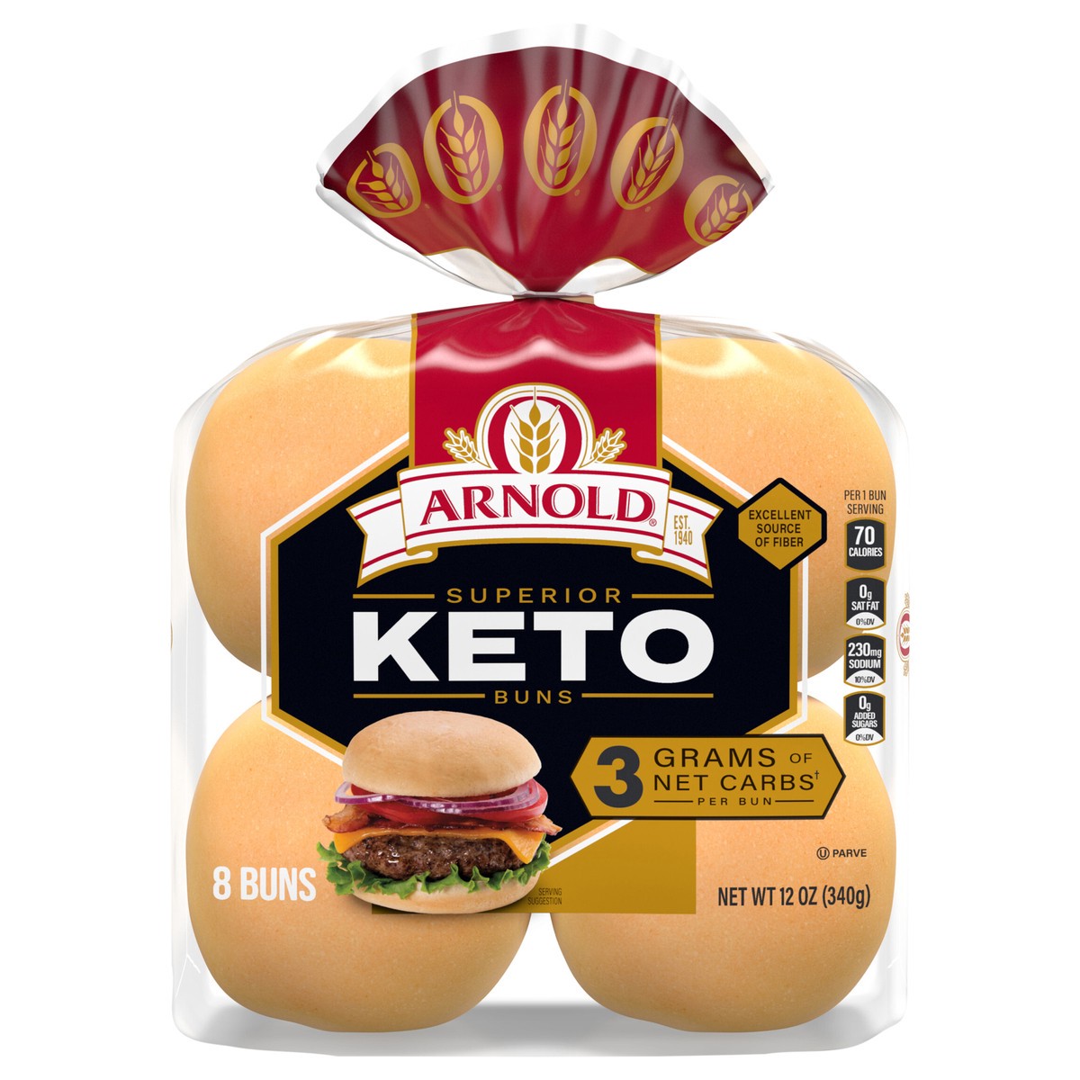 slide 1 of 7, Arnold Superior Keto Plain Pre-sliced Hamburger Buns, 8 count, 12 oz, 8 ct