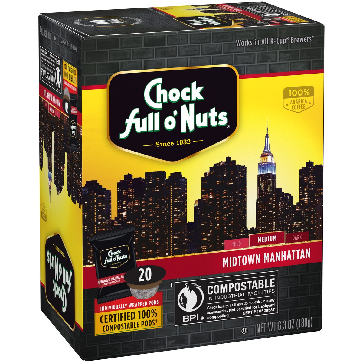 slide 6 of 9, Chock Full O' Nuts Midtown Manhattan Medium Roast Coffee Compostable Single Serve Pods - 20 ct, 20 ct