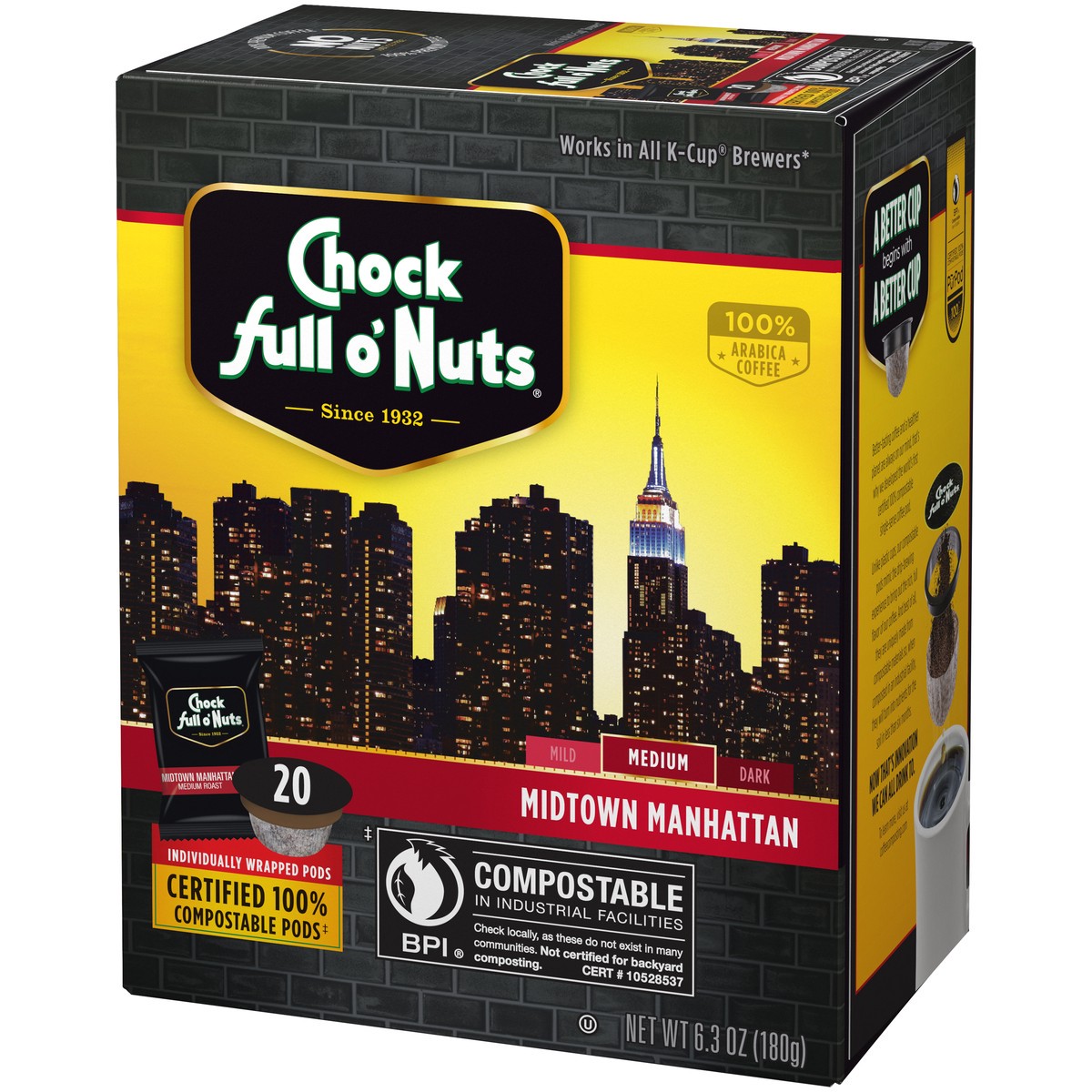 slide 2 of 9, Chock Full O' Nuts Midtown Manhattan Medium Roast Coffee Compostable Single Serve Pods - 20 ct, 20 ct