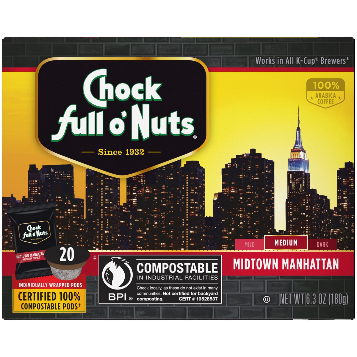 slide 4 of 9, Chock Full O' Nuts Midtown Manhattan Medium Roast Coffee Compostable Single Serve Pods - 20 ct, 20 ct