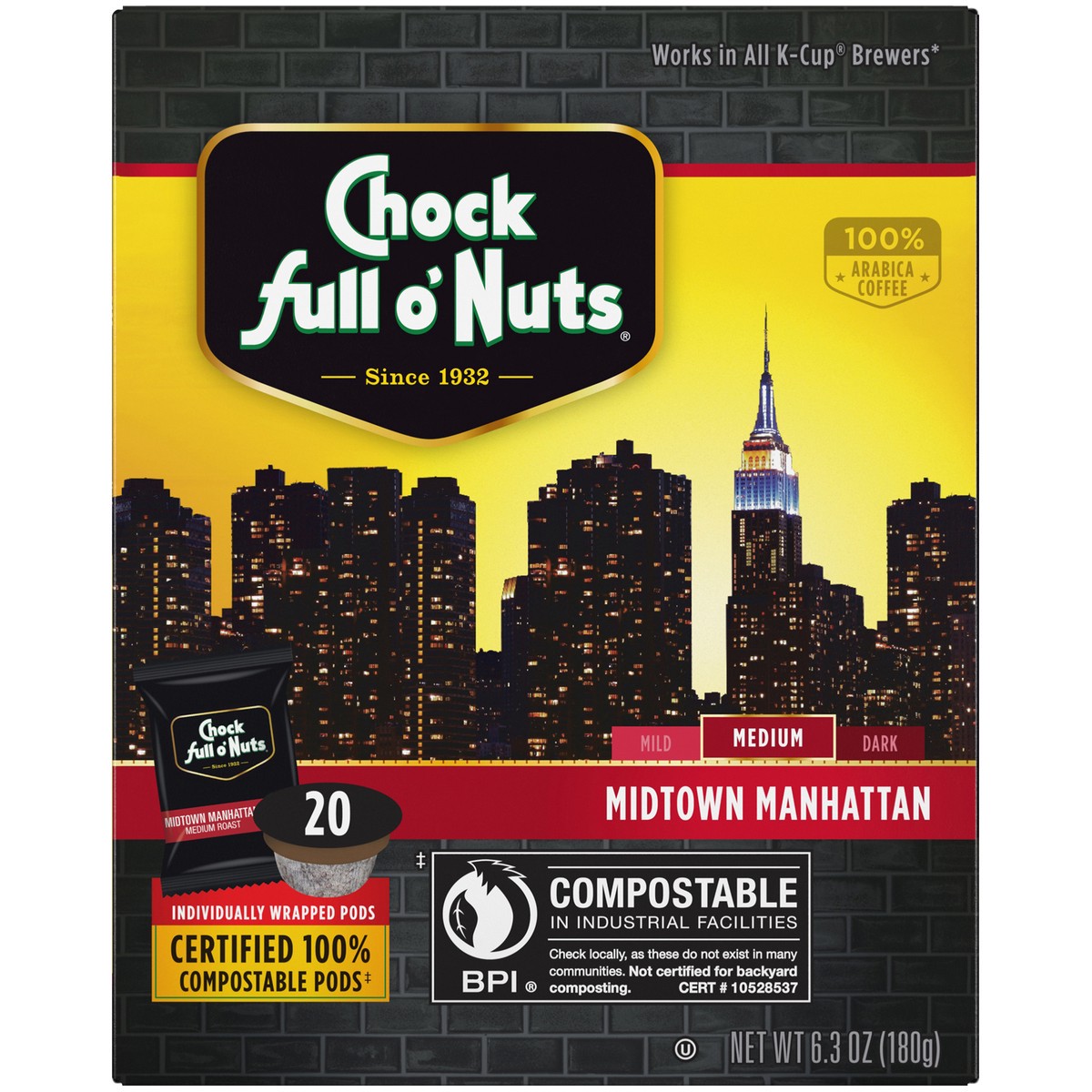 slide 9 of 9, Chock Full O' Nuts Midtown Manhattan Medium Roast Coffee Compostable Single Serve Pods - 20 ct, 20 ct